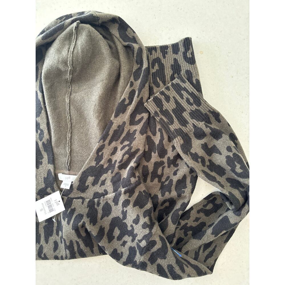 J.Jill Leopard Print Hooded Sweater Women Brown Black Lightweight Knit Pullover - Picture 10 of 12